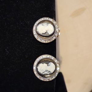 Vintage Mister Bijoux Black & Rhinestone Cameo Design Clip Earrings